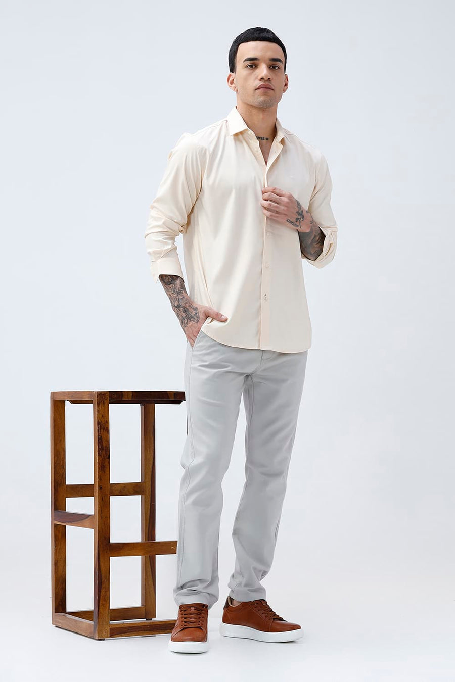 BASICS SLIM FIT AFTERGLOW BEIGE POLYESTER STRETCH SHIRT