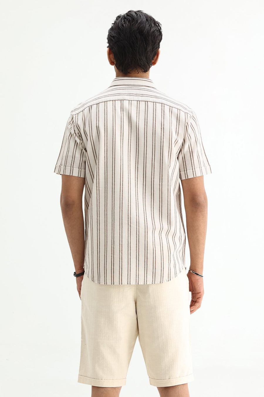 BASICS SLIM FIT BEIGE BROWN COTTON LENO DOBBY STRIPE SHIRT