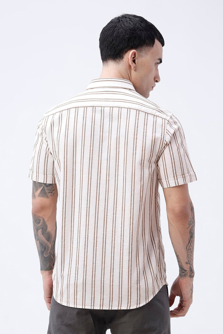 BASICS SLIM FIT BEIGE BROWN COTTON LENO DOBBY STRIPE HALFSLEEVES SHIRT