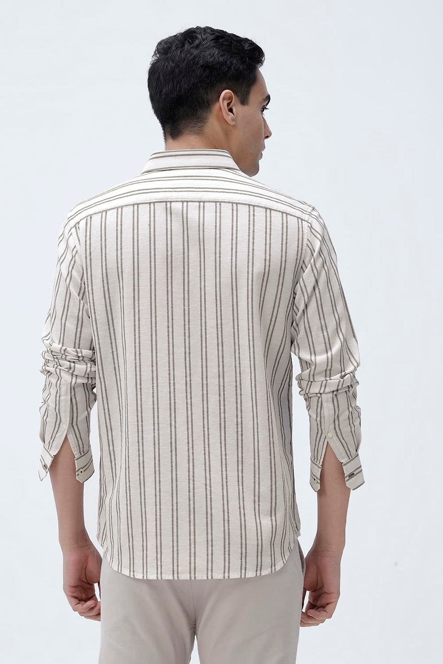 BASICS SLIM FIT BEIGE BROWN COTTON LENO DOBBY STRIPE SHIRT