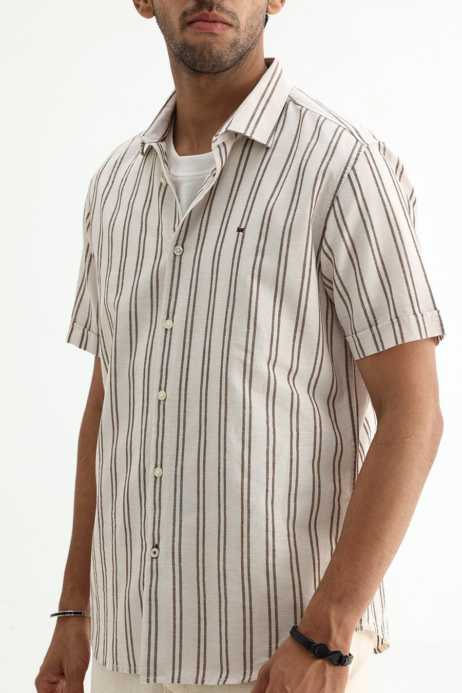 BASICS SLIM FIT BEIGE BROWN COTTON LENO DOBBY STRIPE SHIRT