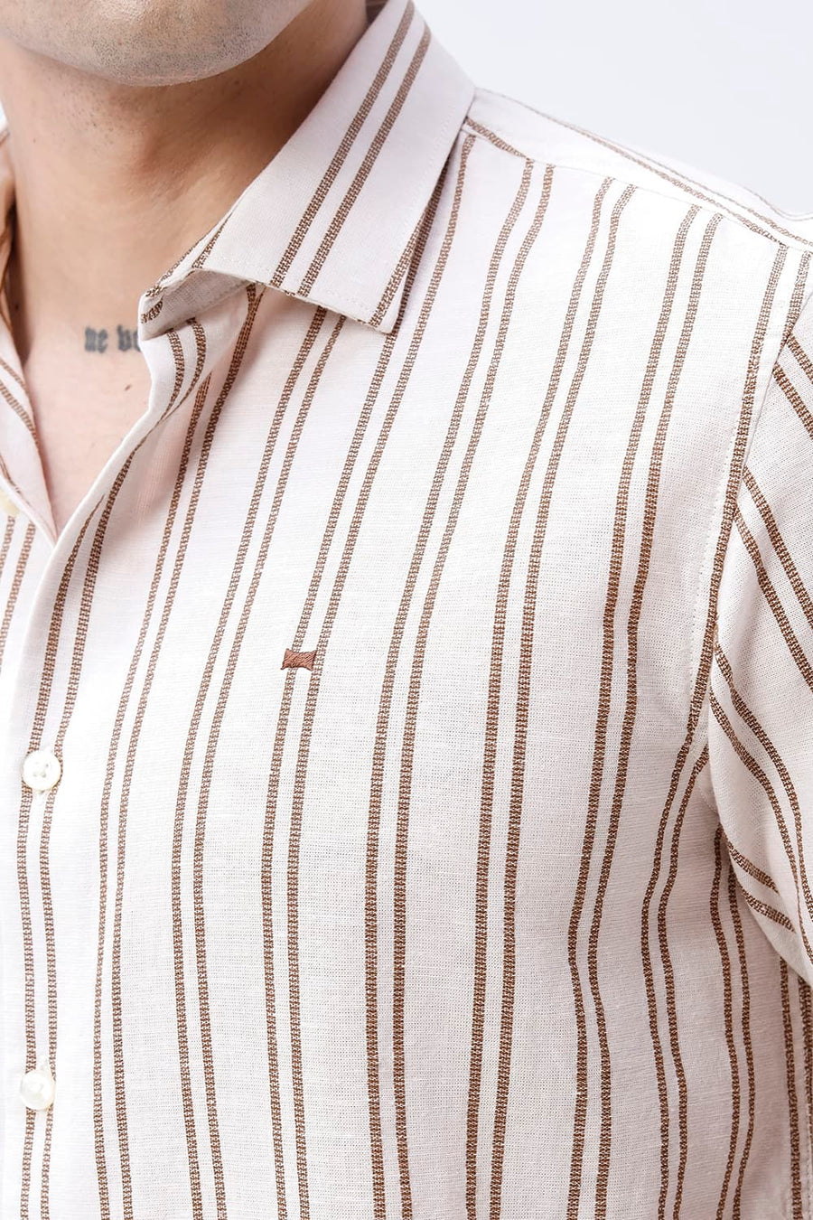 BASICS SLIM FIT BEIGE BROWN COTTON LENO DOBBY STRIPE HALFSLEEVES SHIRT