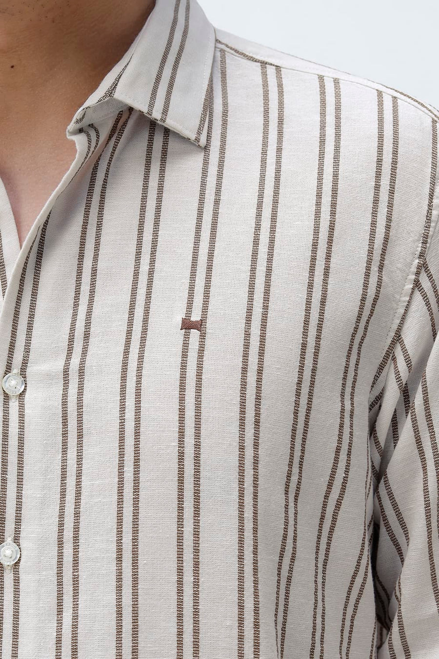 BASICS SLIM FIT BEIGE BROWN COTTON LENO DOBBY STRIPE SHIRT