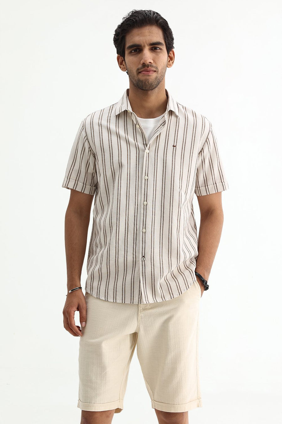 BASICS SLIM FIT BEIGE BROWN COTTON LENO DOBBY STRIPE SHIRT