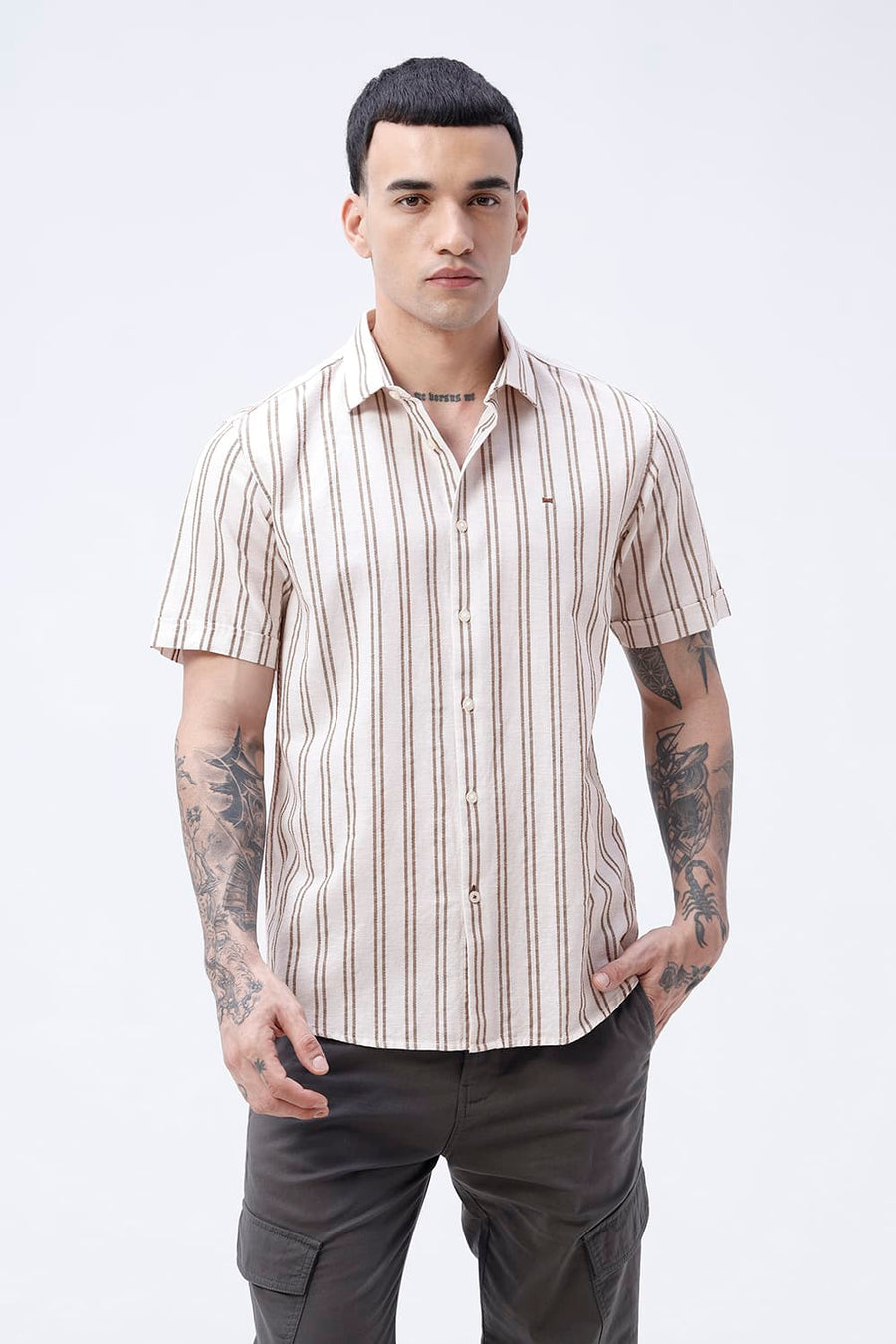 BASICS SLIM FIT BEIGE BROWN COTTON LENO DOBBY STRIPE HALFSLEEVES SHIRT