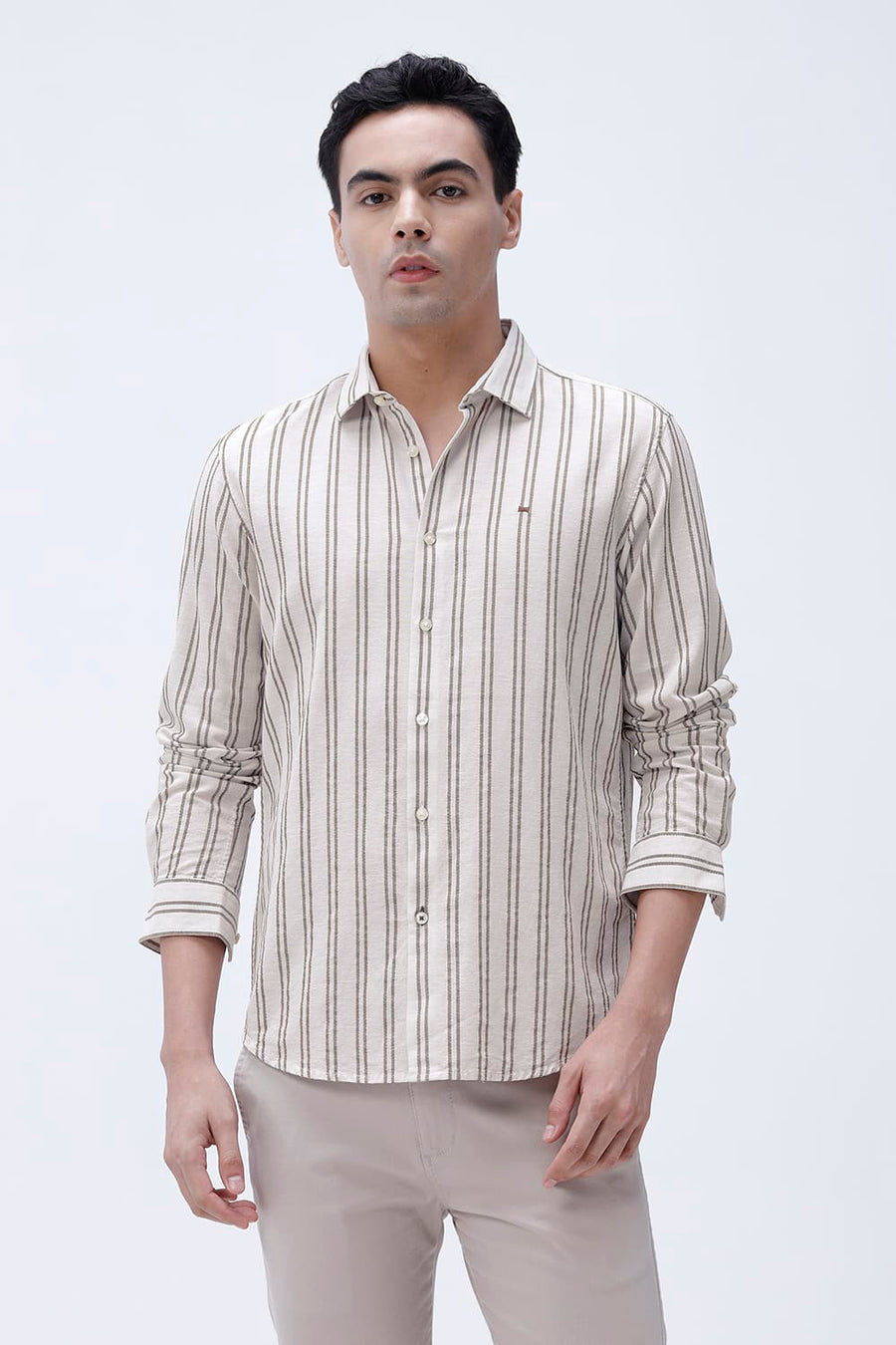 BASICS SLIM FIT BEIGE BROWN COTTON LENO DOBBY STRIPE SHIRT
