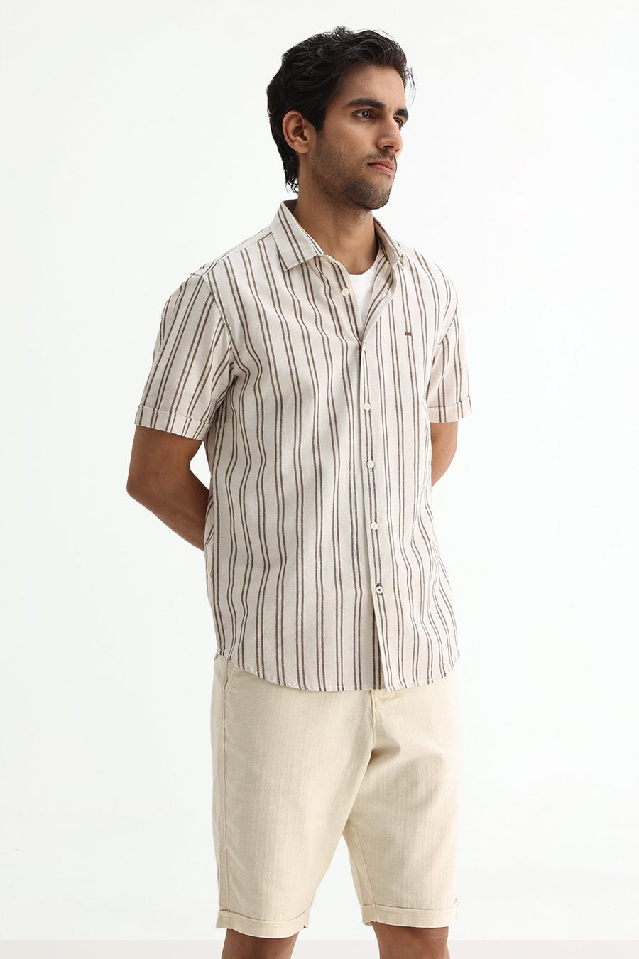 BASICS SLIM FIT BEIGE BROWN COTTON LENO DOBBY STRIPE SHIRT
