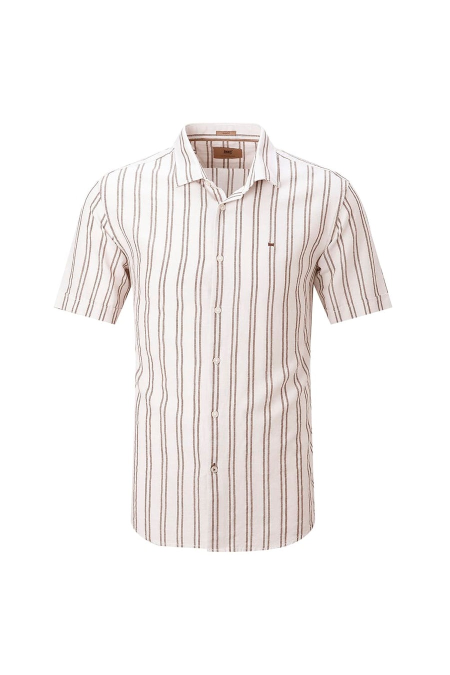 BASICS SLIM FIT BEIGE BROWN COTTON LENO DOBBY STRIPE HALFSLEEVES SHIRT