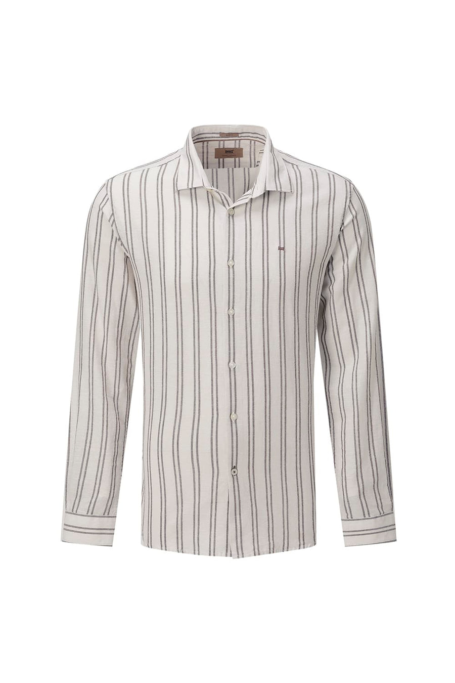 BASICS SLIM FIT BEIGE BROWN COTTON LENO DOBBY STRIPE SHIRT