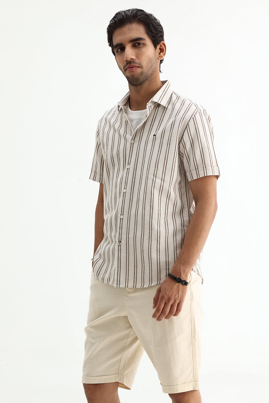 BASICS SLIM FIT BEIGE BROWN COTTON LENO DOBBY STRIPE SHIRT