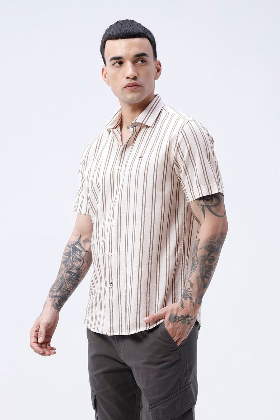 BASICS SLIM FIT BEIGE BROWN COTTON LENO DOBBY STRIPE HALFSLEEVES SHIRT