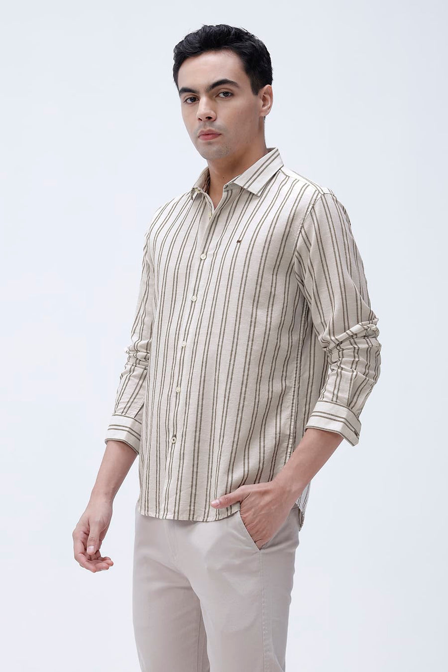 BASICS SLIM FIT BEIGE BROWN COTTON LENO DOBBY STRIPE SHIRT