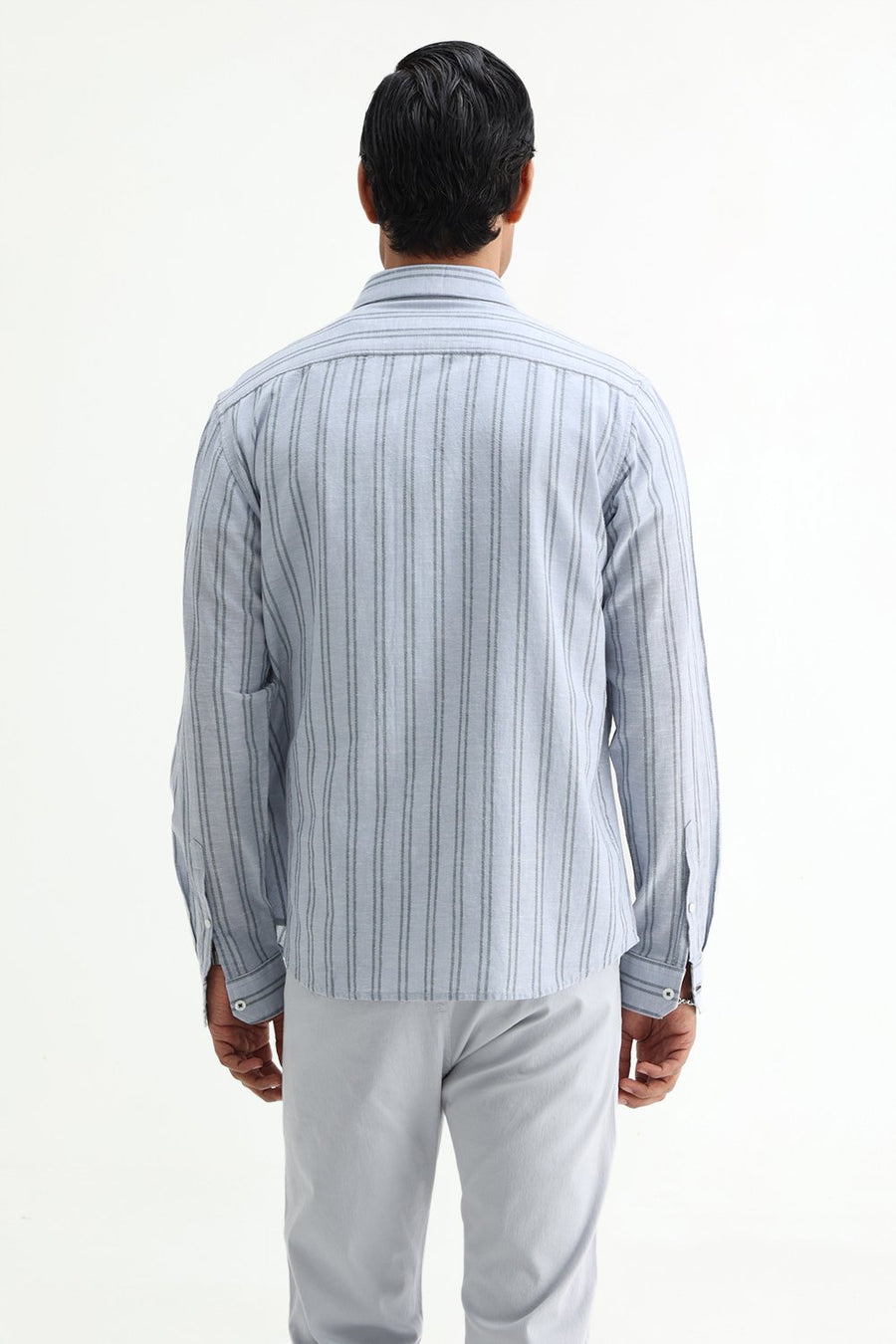 BASICS SLIM FIT ARCTIC GREY COTTON LENO DOBBY STRIPE SHIRT