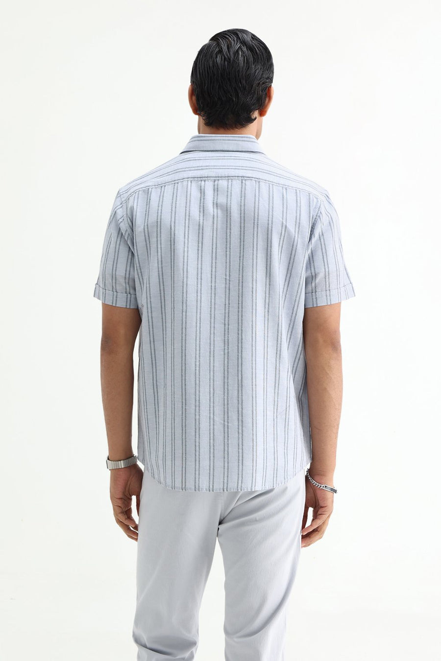 BASICS SLIM FIT ARCTIC GREY COTTON LENO DOBBY STRIPE HALFSLEEVES SHIRT