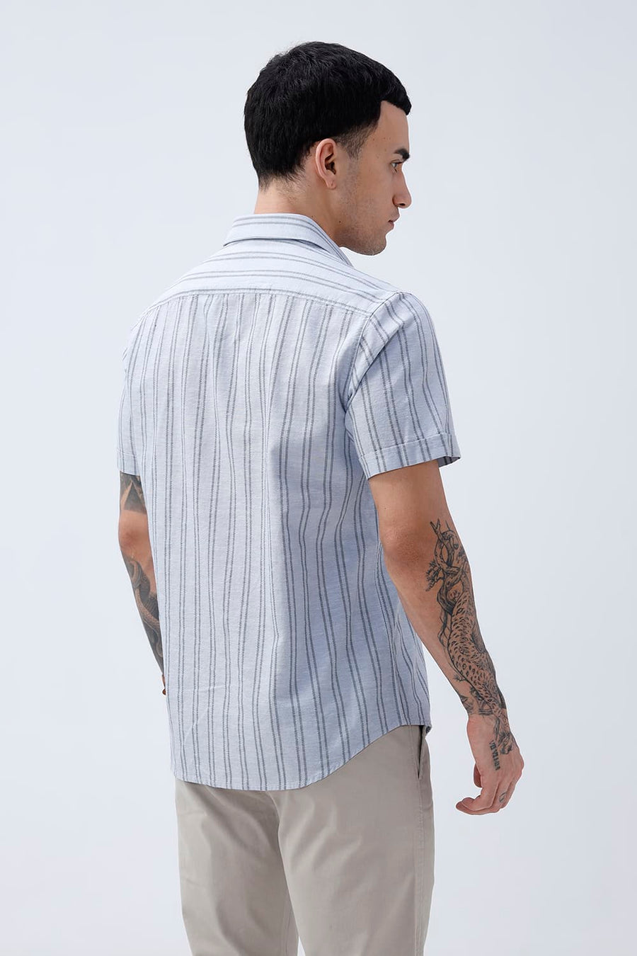 BASICS SLIM FIT ARCTIC GREY COTTON LENO DOBBY STRIPE HALFSLEEVES SHIRT
