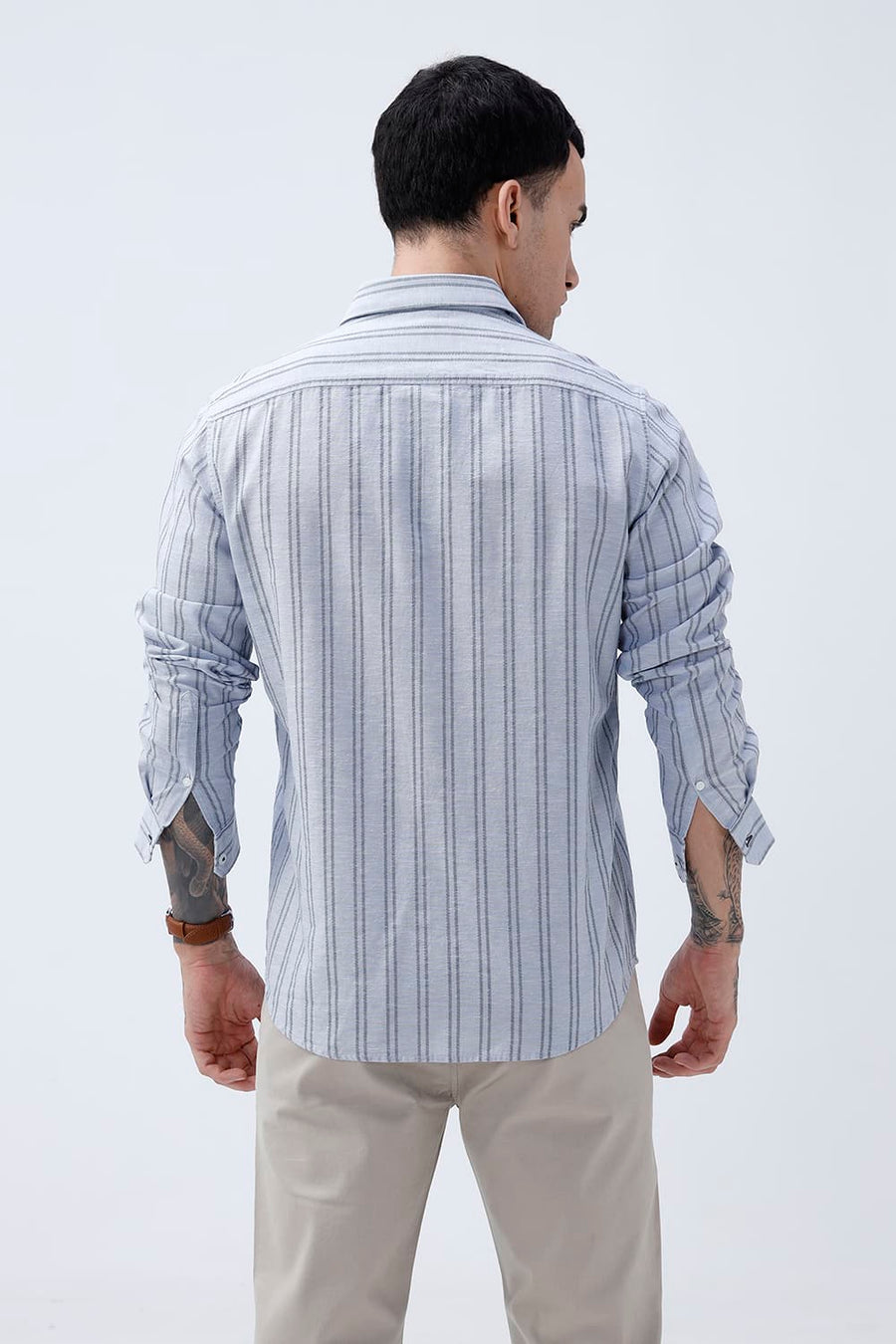 BASICS SLIM FIT ARCTIC GREY COTTON LENO DOBBY STRIPE SHIRT
