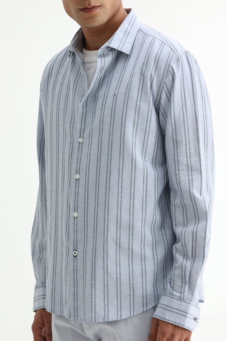 BASICS SLIM FIT ARCTIC GREY COTTON LENO DOBBY STRIPE SHIRT