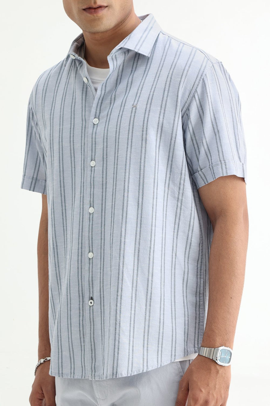 BASICS SLIM FIT ARCTIC GREY COTTON LENO DOBBY STRIPE HALFSLEEVES SHIRT