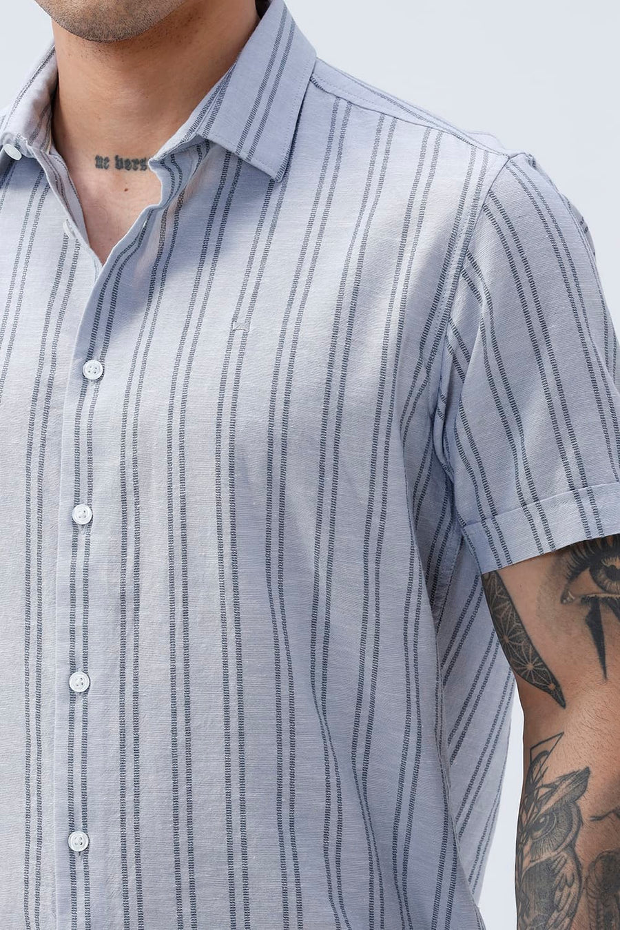 BASICS SLIM FIT ARCTIC GREY COTTON LENO DOBBY STRIPE HALFSLEEVES SHIRT