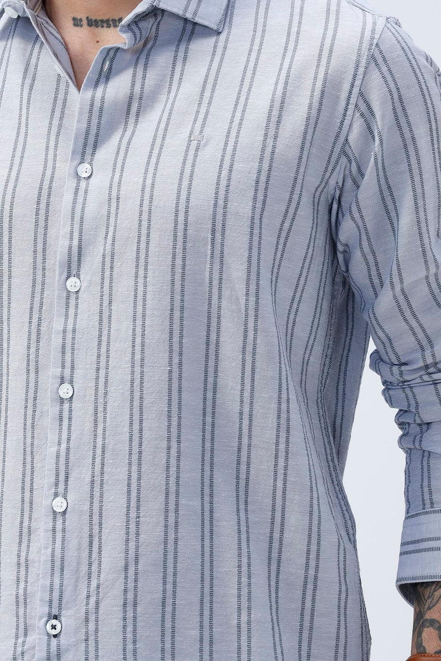 BASICS SLIM FIT ARCTIC GREY COTTON LENO DOBBY STRIPE SHIRT