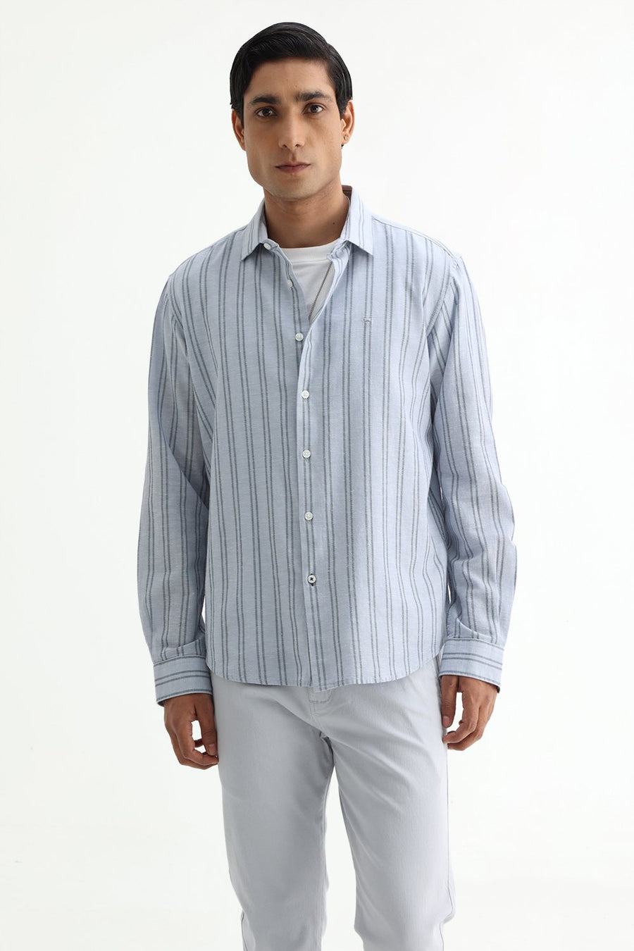 BASICS SLIM FIT ARCTIC GREY COTTON LENO DOBBY STRIPE SHIRT