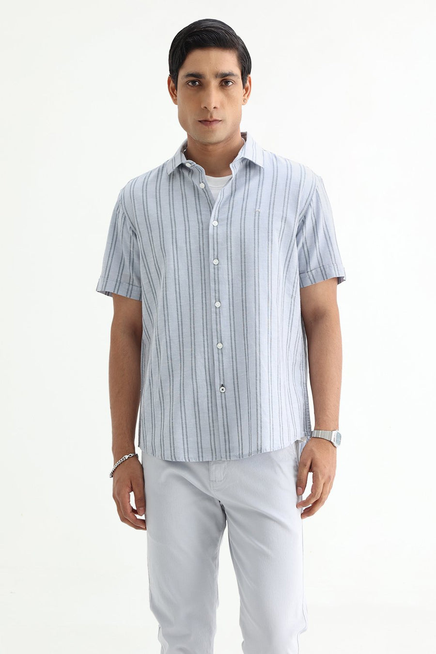BASICS SLIM FIT ARCTIC GREY COTTON LENO DOBBY STRIPE HALFSLEEVES SHIRT