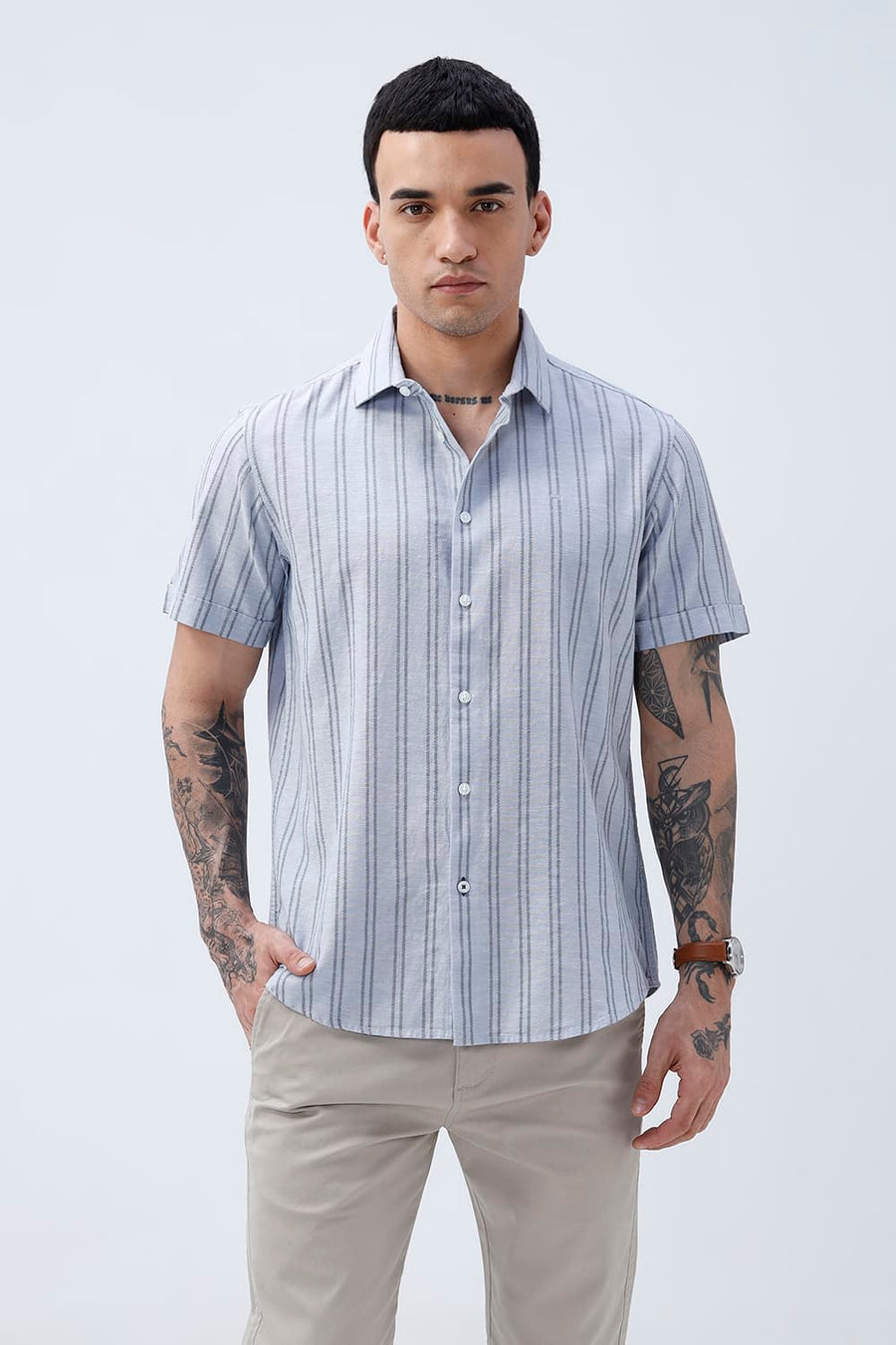 BASICS SLIM FIT ARCTIC GREY COTTON LENO DOBBY STRIPE HALFSLEEVES SHIRT