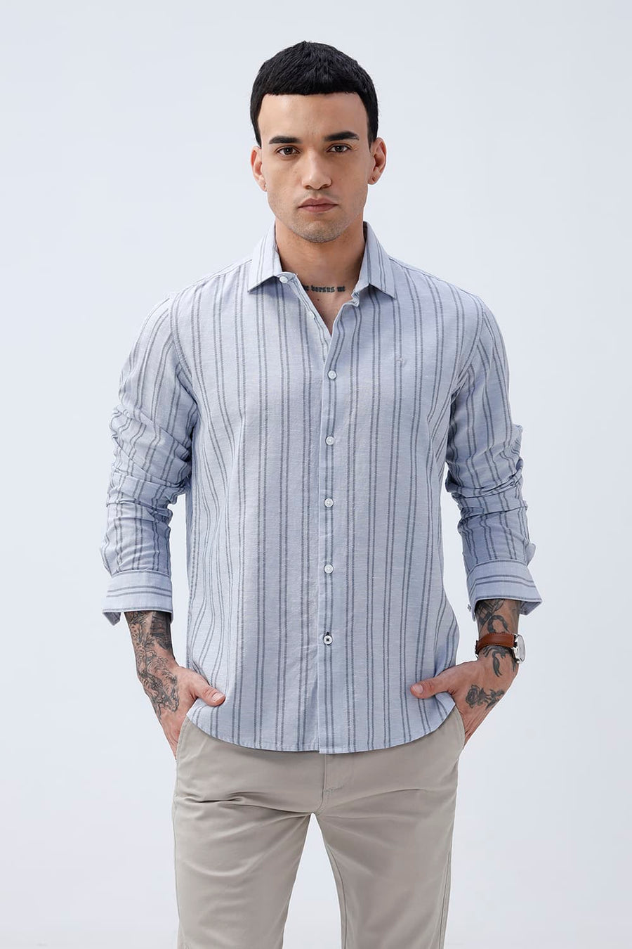 BASICS SLIM FIT ARCTIC GREY COTTON LENO DOBBY STRIPE SHIRT