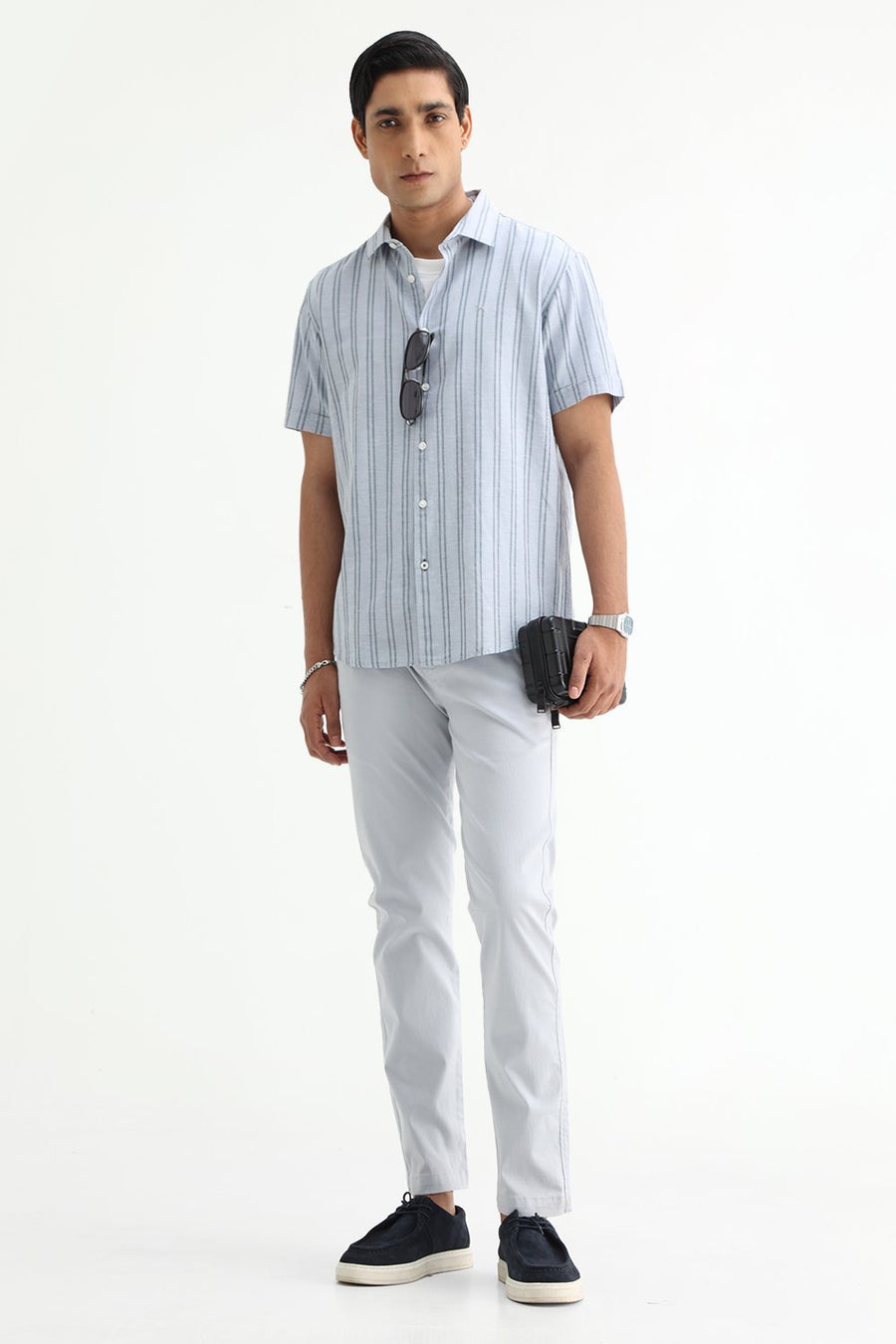BASICS SLIM FIT ARCTIC GREY COTTON LENO DOBBY STRIPE HALFSLEEVES SHIRT