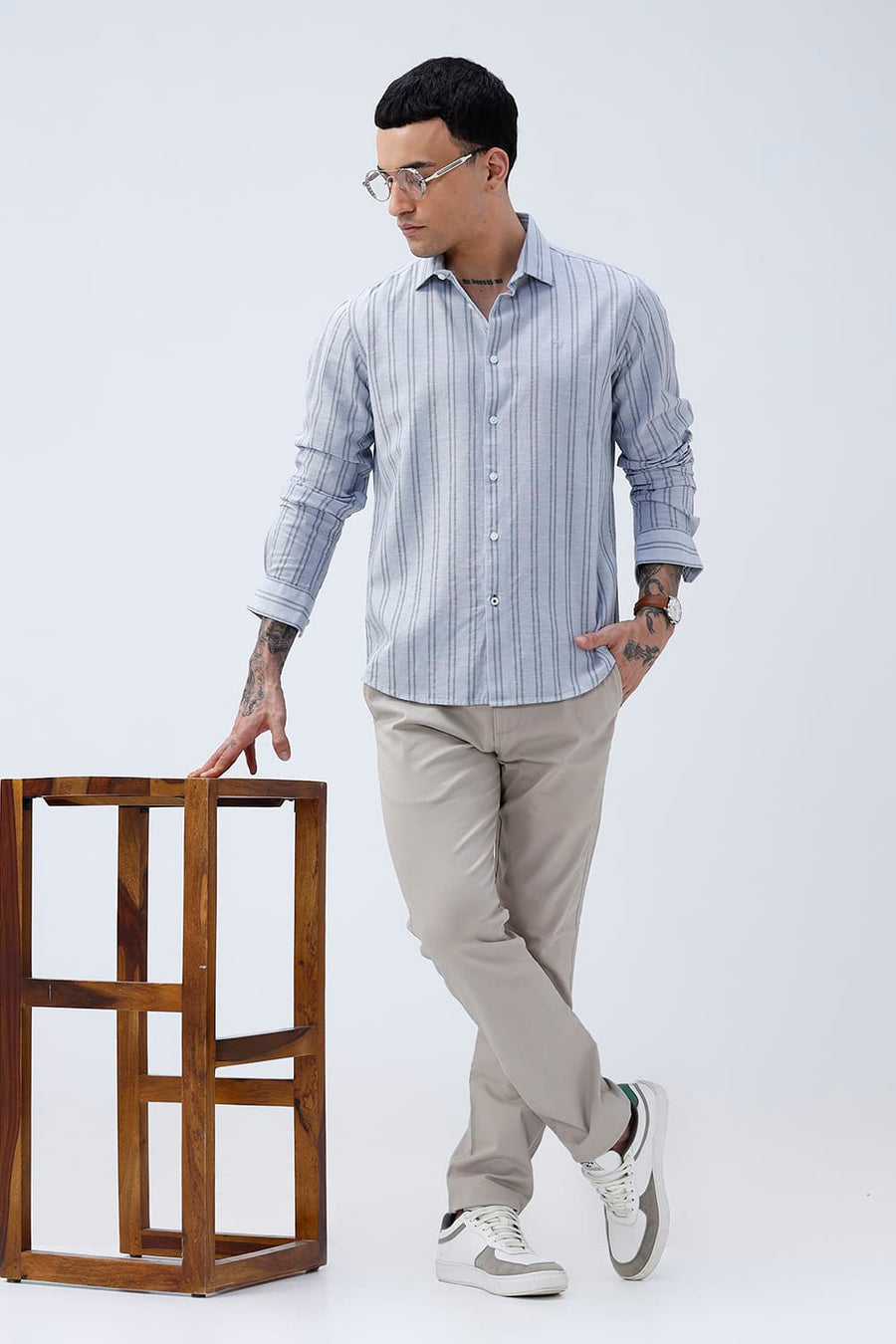 BASICS SLIM FIT ARCTIC GREY COTTON LENO DOBBY STRIPE SHIRT