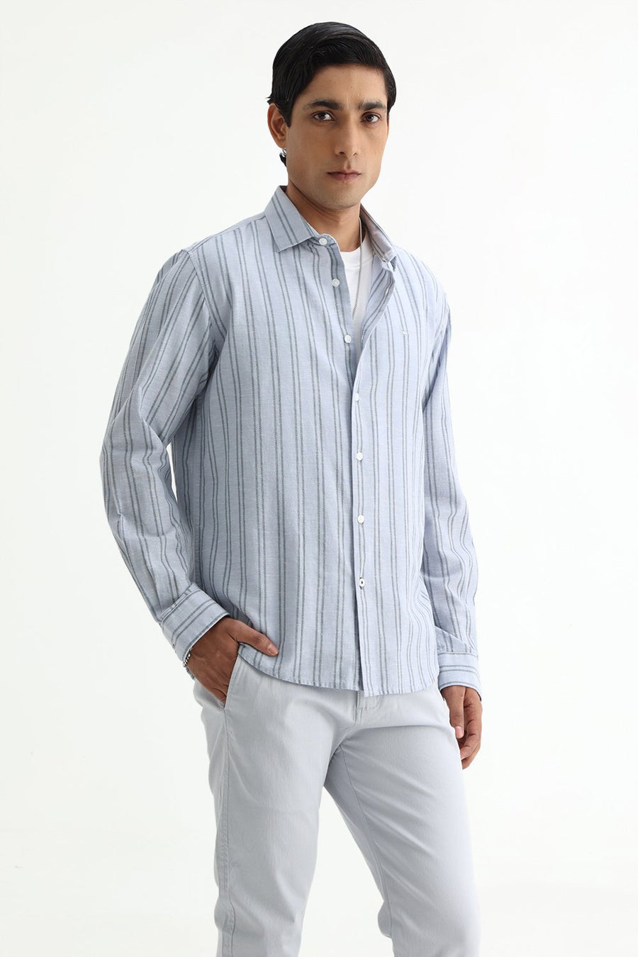 BASICS SLIM FIT ARCTIC GREY COTTON LENO DOBBY STRIPE SHIRT