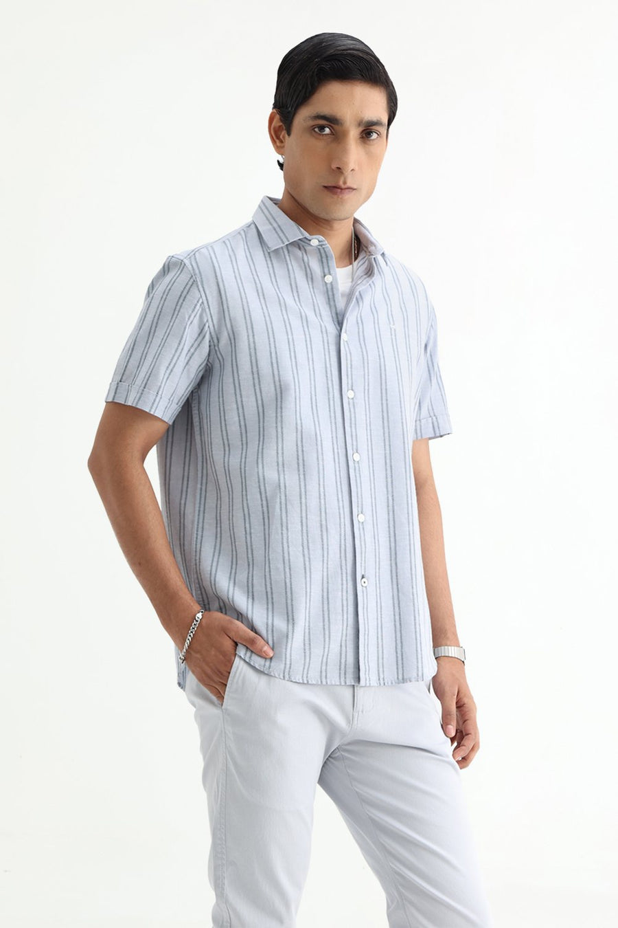 BASICS SLIM FIT ARCTIC GREY COTTON LENO DOBBY STRIPE HALFSLEEVES SHIRT