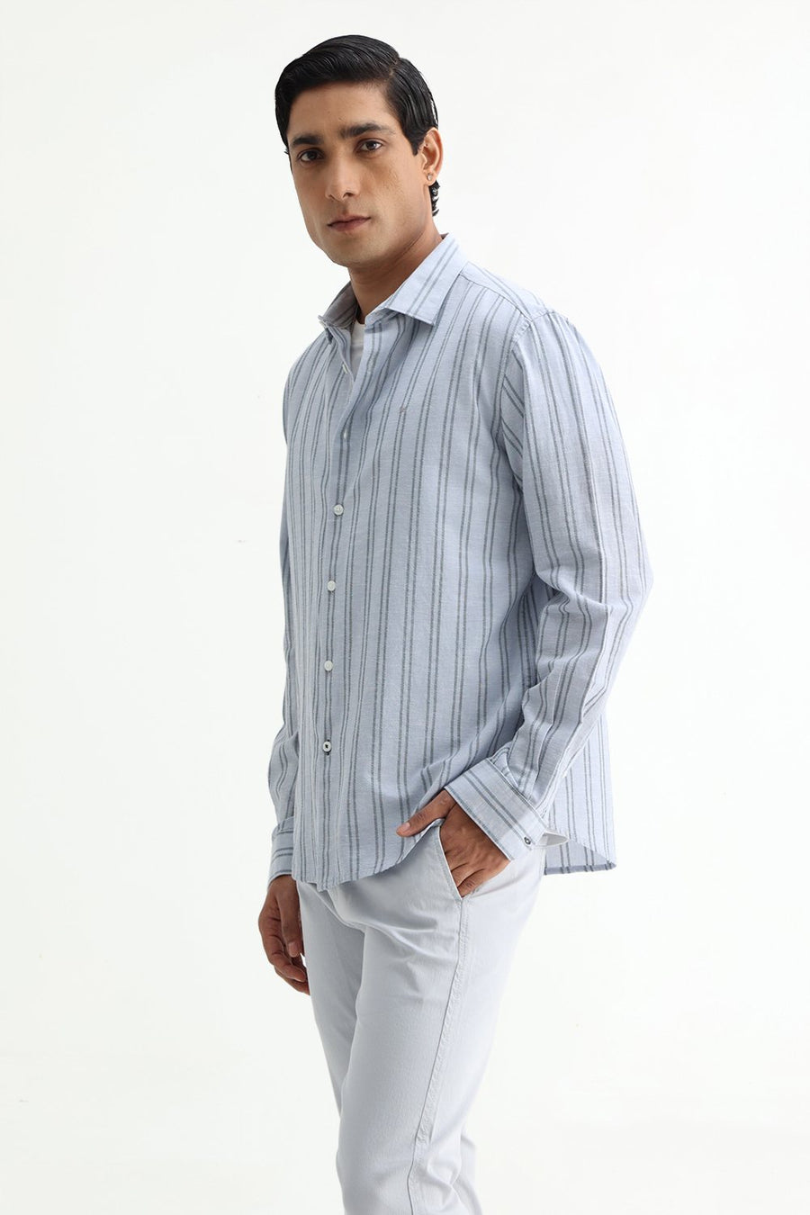BASICS SLIM FIT ARCTIC GREY COTTON LENO DOBBY STRIPE SHIRT