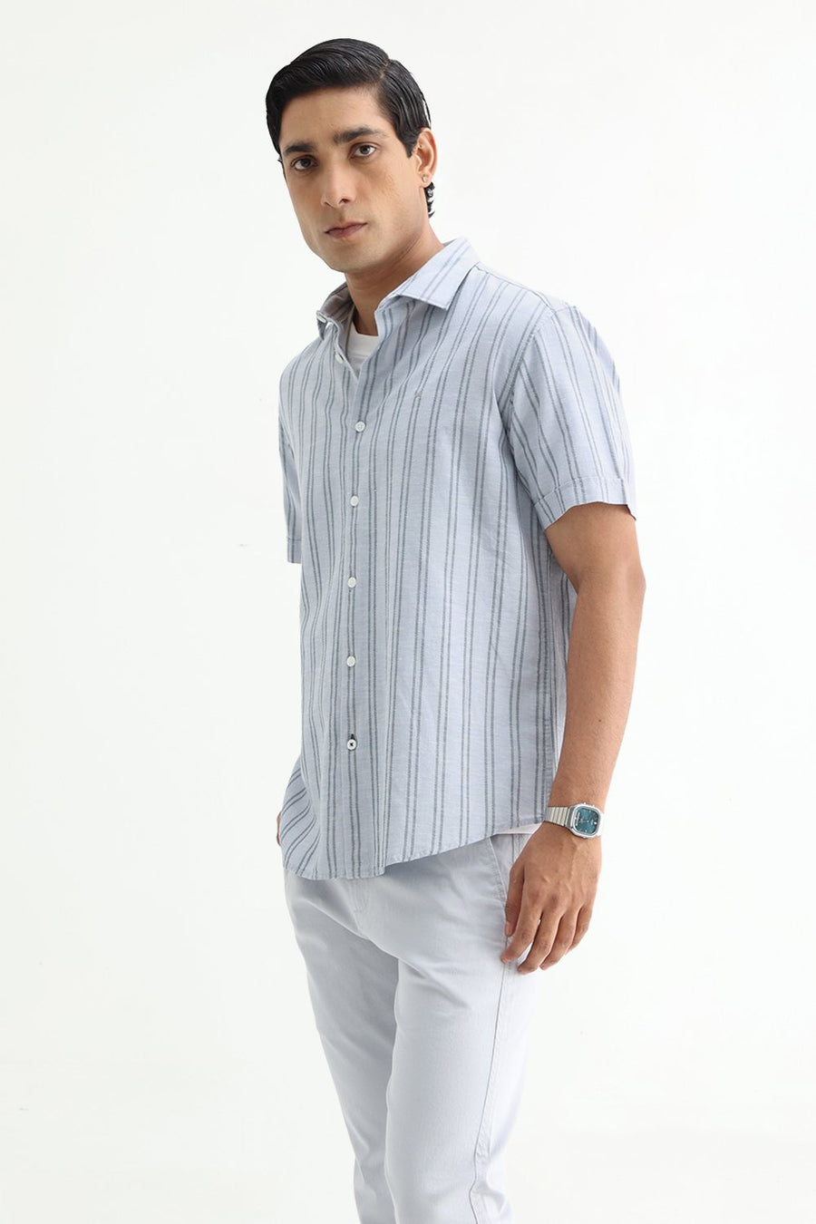 BASICS SLIM FIT ARCTIC GREY COTTON LENO DOBBY STRIPE HALFSLEEVES SHIRT