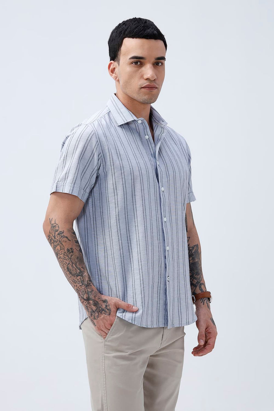 BASICS SLIM FIT ARCTIC GREY COTTON LENO DOBBY STRIPE HALFSLEEVES SHIRT