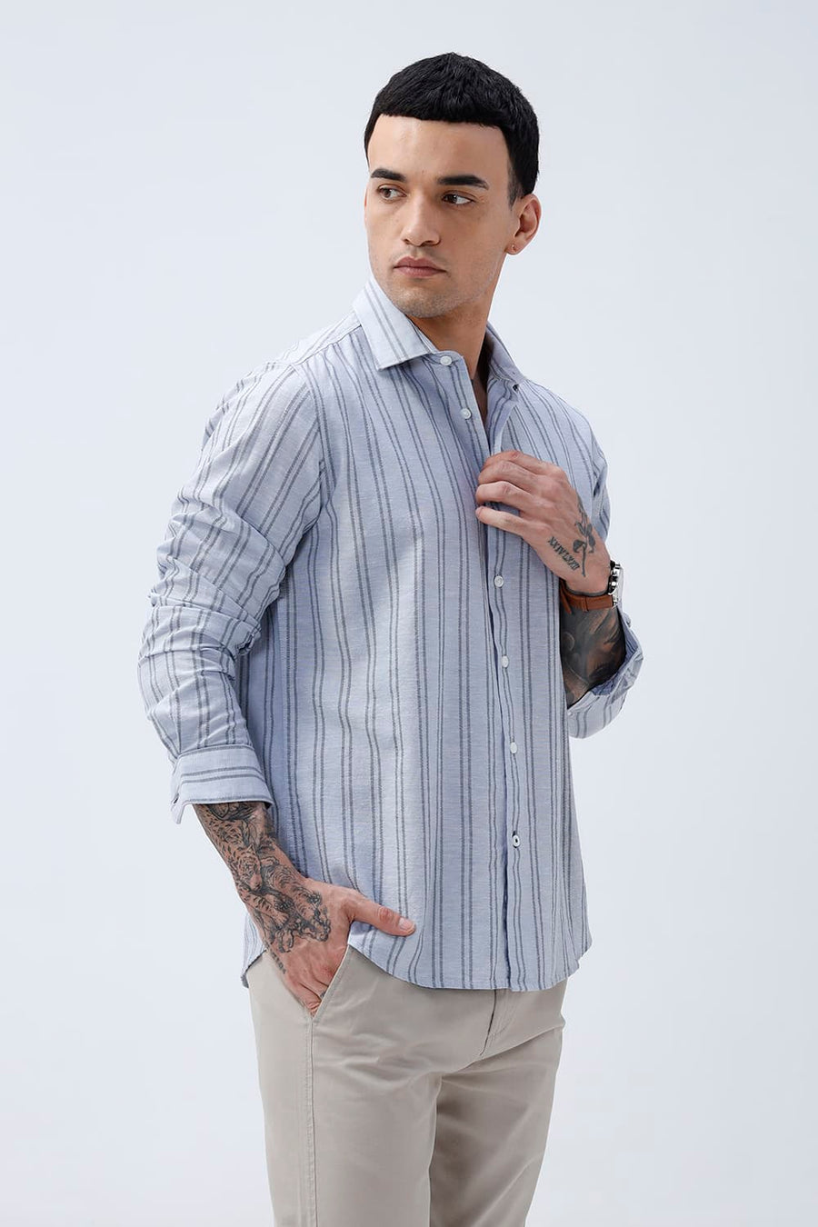 BASICS SLIM FIT ARCTIC GREY COTTON LENO DOBBY STRIPE SHIRT