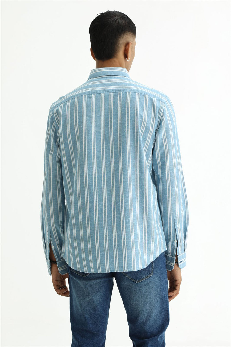 BASICS SLIM FIT WINTER BLUE COTTON LENO DOBBY STRIPE SHIRT
