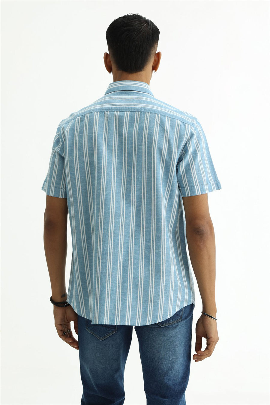 BASICS SLIM FIT WINTER BLUE COTTON LENO DOBBY STRIPE HALFSLEEVES SHIRT