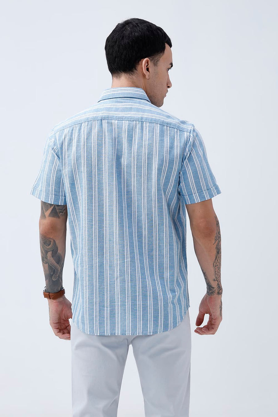 BASICS SLIM FIT WINTER BLUE COTTON LENO DOBBY STRIPE HALFSLEEVES SHIRT