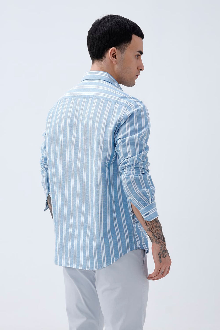 BASICS SLIM FIT WINTER BLUE COTTON LENO DOBBY STRIPE SHIRT