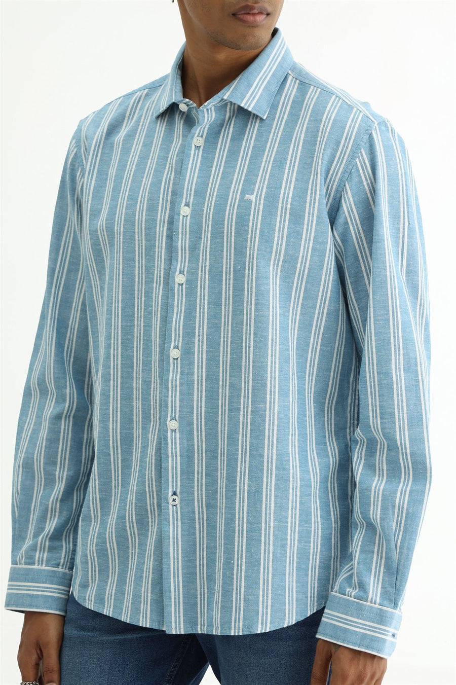 BASICS SLIM FIT WINTER BLUE COTTON LENO DOBBY STRIPE SHIRT