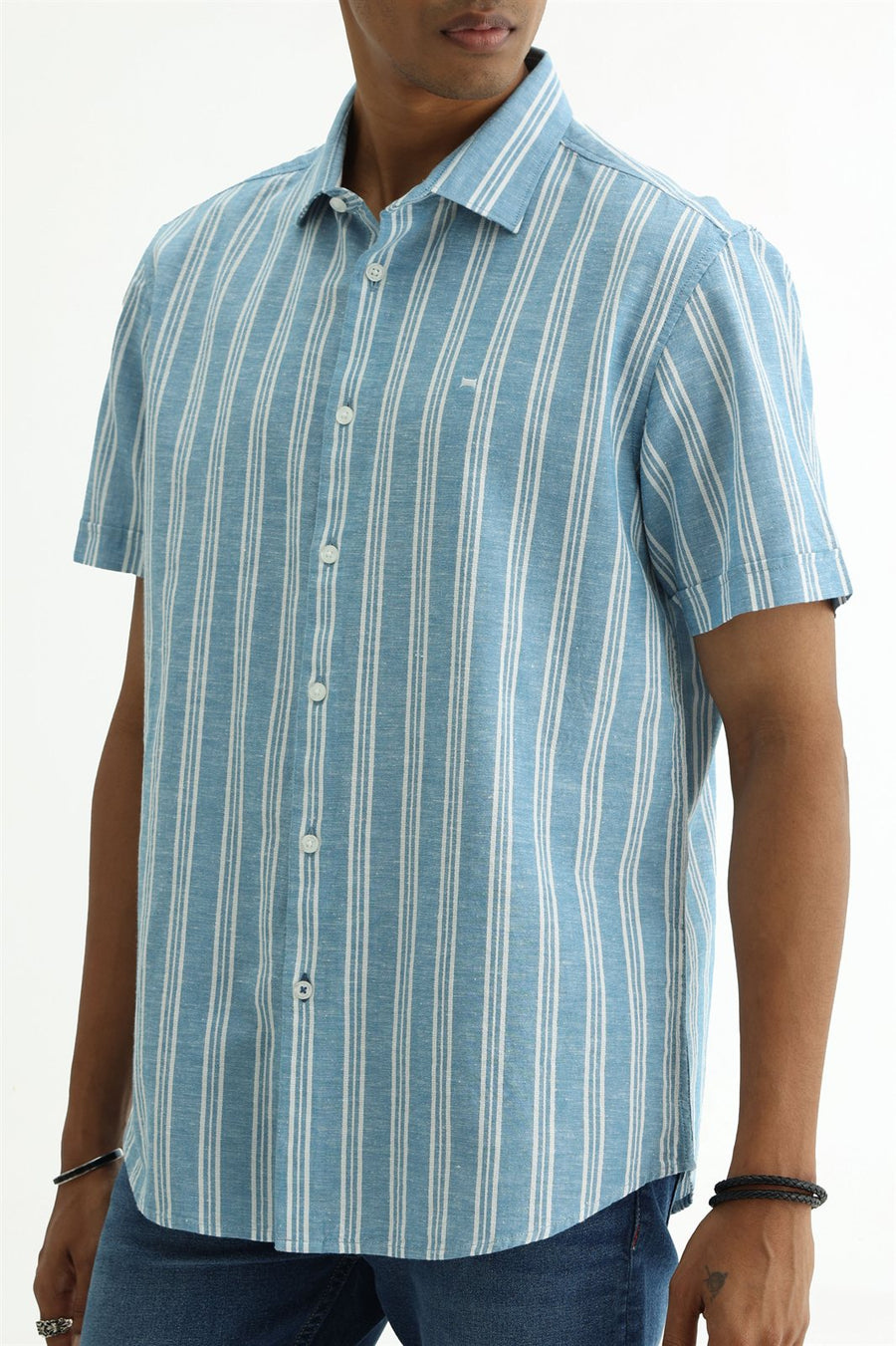 BASICS SLIM FIT WINTER BLUE COTTON LENO DOBBY STRIPE HALFSLEEVES SHIRT