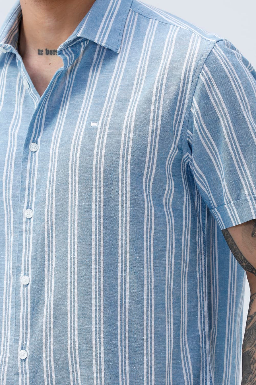 BASICS SLIM FIT WINTER BLUE COTTON LENO DOBBY STRIPE HALFSLEEVES SHIRT