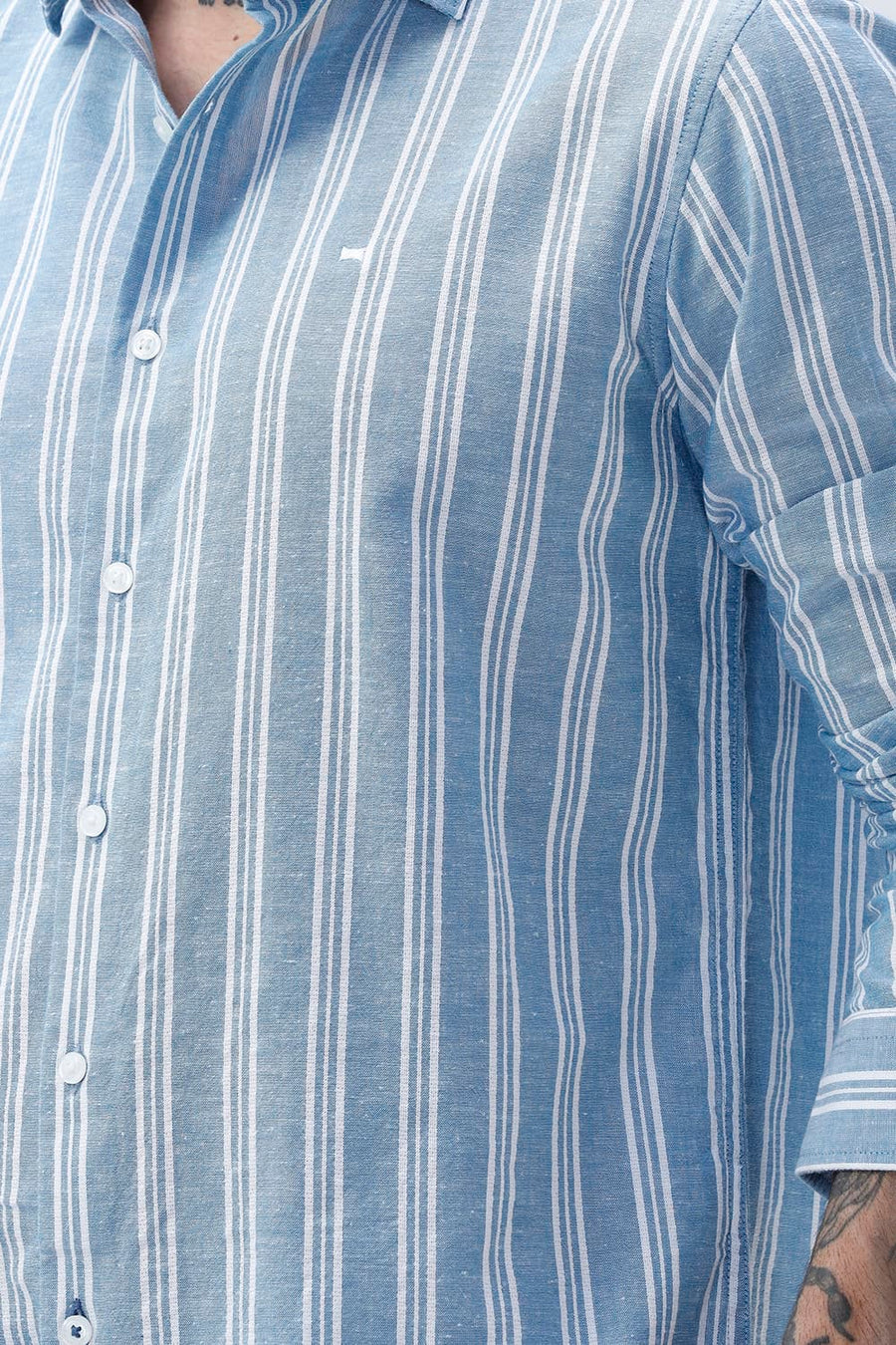 BASICS SLIM FIT WINTER BLUE COTTON LENO DOBBY STRIPE SHIRT