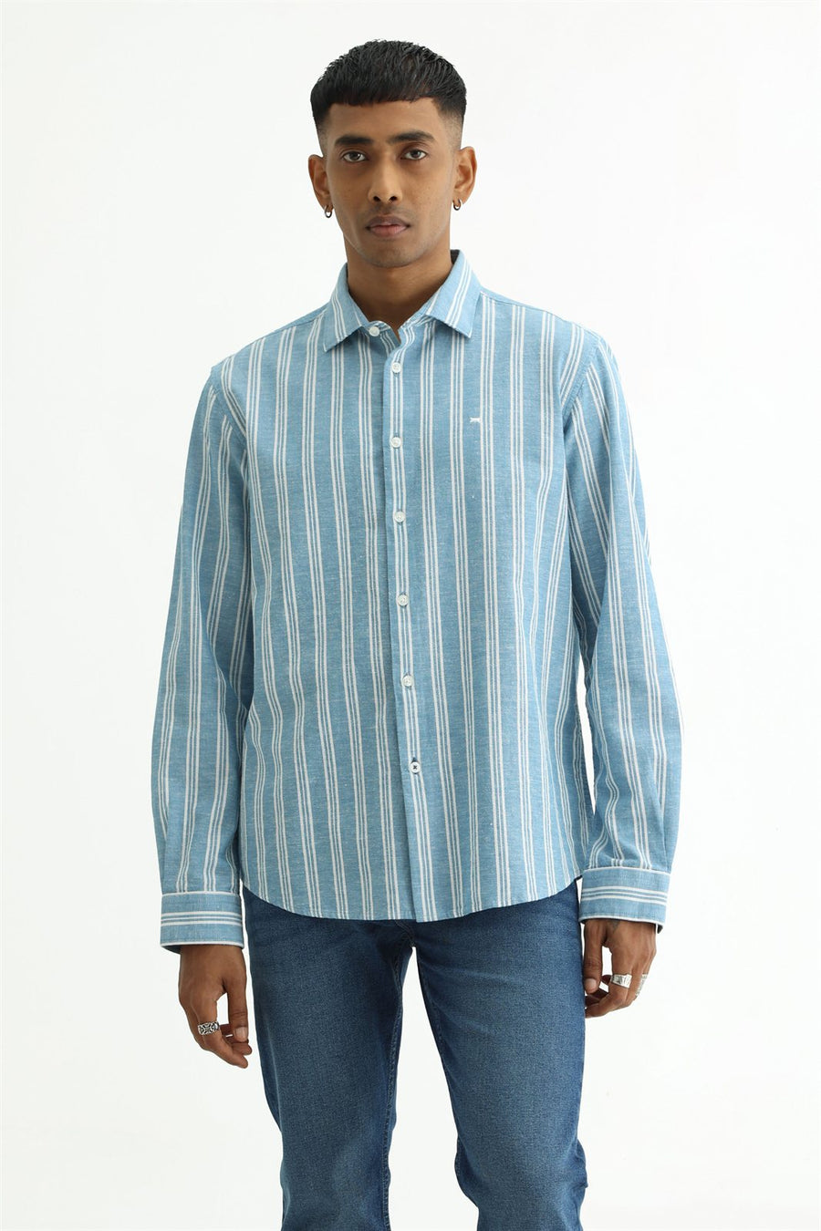 BASICS SLIM FIT WINTER BLUE COTTON LENO DOBBY STRIPE SHIRT
