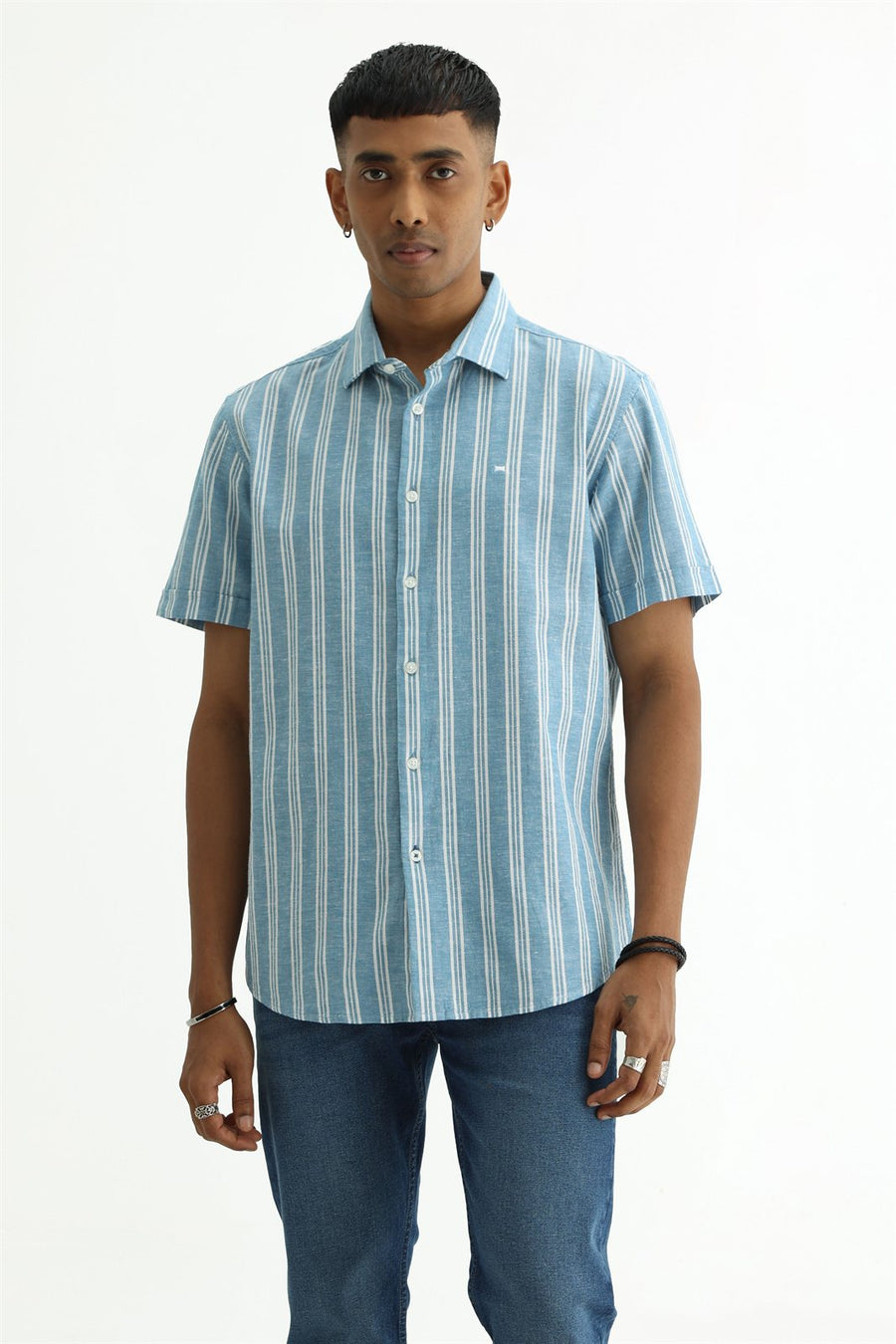 BASICS SLIM FIT WINTER BLUE COTTON LENO DOBBY STRIPE HALFSLEEVES SHIRT