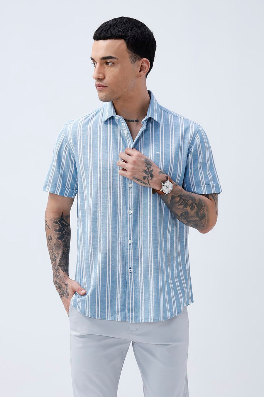BASICS SLIM FIT WINTER BLUE COTTON LENO DOBBY STRIPE HALFSLEEVES SHIRT