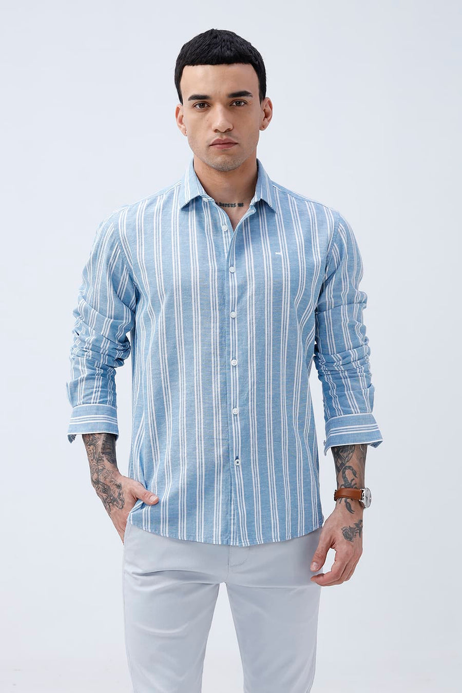 BASICS SLIM FIT WINTER BLUE COTTON LENO DOBBY STRIPE SHIRT