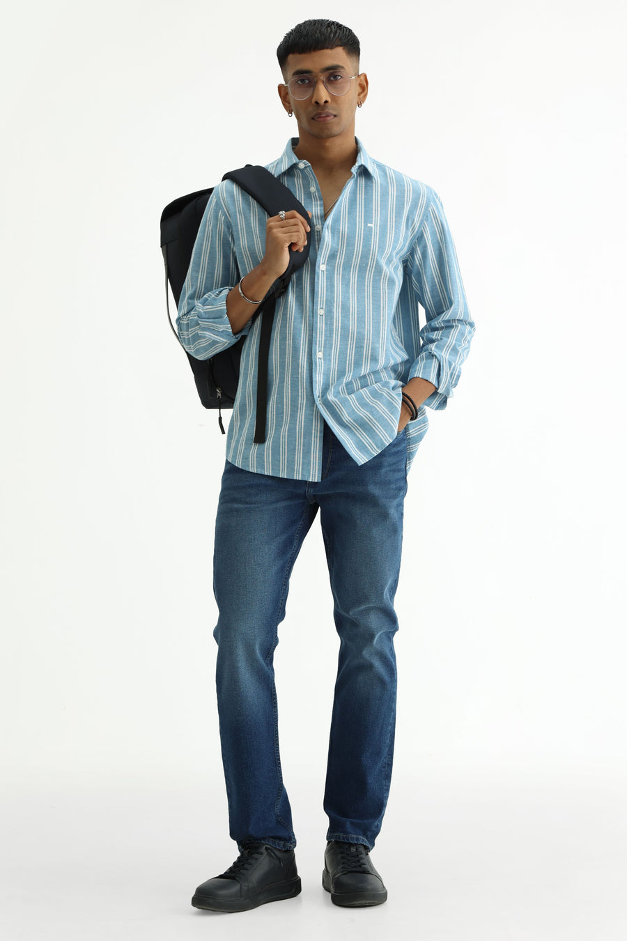 BASICS SLIM FIT WINTER BLUE COTTON LENO DOBBY STRIPE SHIRT
