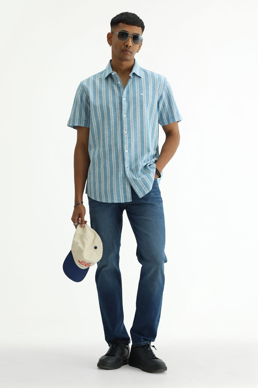 BASICS SLIM FIT WINTER BLUE COTTON LENO DOBBY STRIPE HALFSLEEVES SHIRT